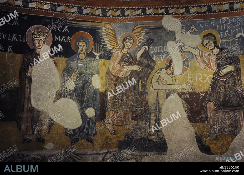 Anónimo, Cataluña. Ábside de Estaon, mediados del siglo XII. Detalle con la representación del Bautismo de Cristo. Fresco traspasado a tela. Procede de la antigua Iglesia de Santa Eulalia de Estaón, provincia de Lleida. Museo Nacional de Arte de Cataluña (MNAC). Barcelona. Cataluña. España.