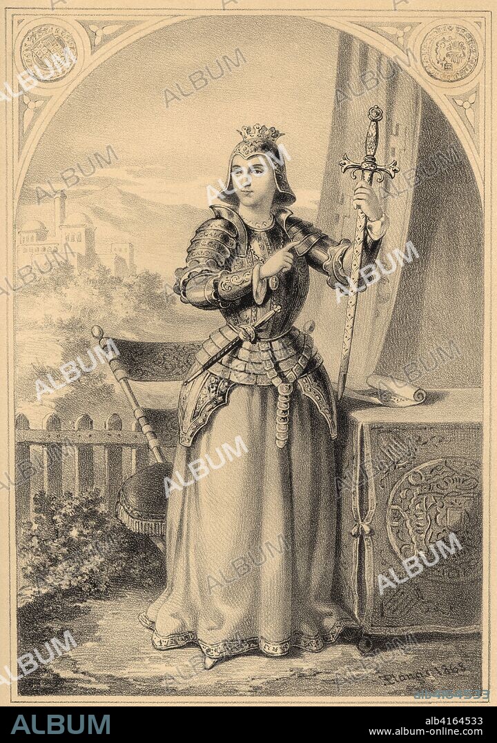 Isabel I de Castilla (1451-1504), reina de España, fundadora de la Inquisición moderna en España en 1480. Grabado de 1868.