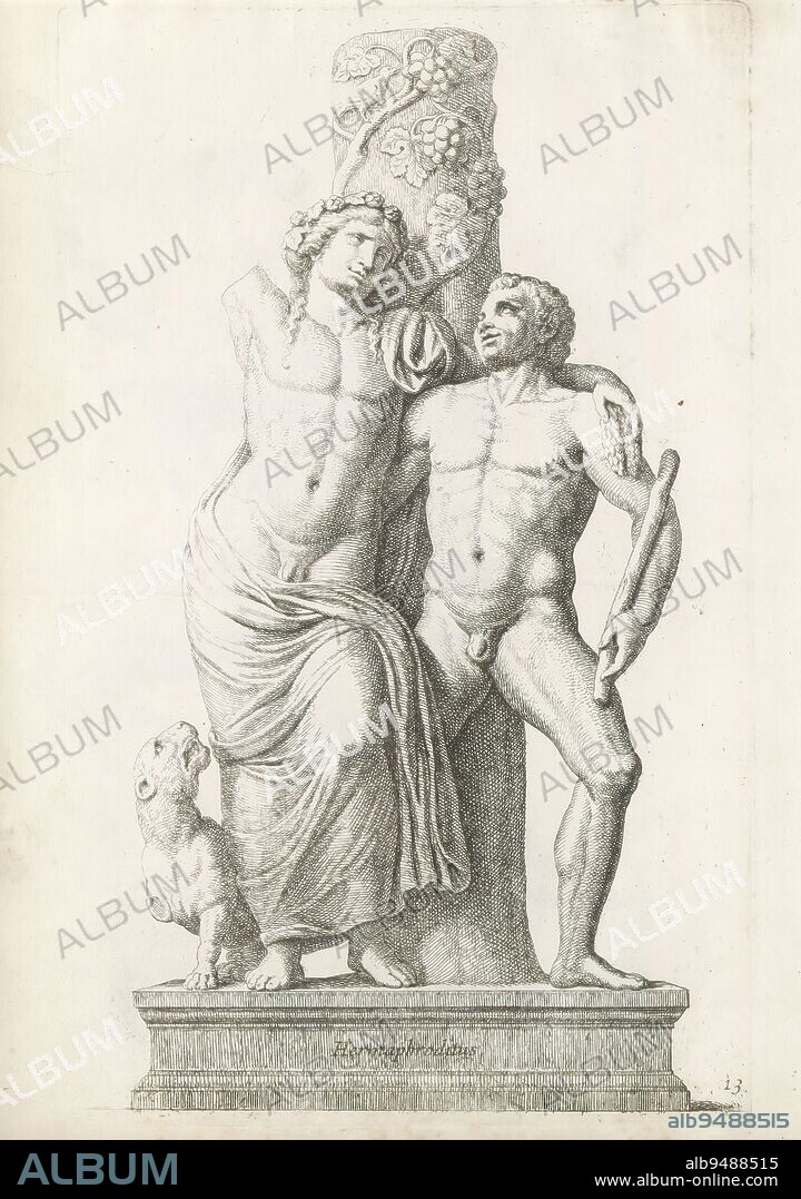 Sculpture of Bacchus, with satyr and panther, Hermaphroditus (title on object), Classical sculpture of Bacchus, standing against a pillar with grapevines. Next to him is a satyr. On the left is a panther. The text on the statue incorrectly identifies the figures as Salmacis and Hermaphroditus. The print is part of an album of a series of prints after sculptures in Gerard Reynst's collection., print maker: Hubert Quellinus, print maker: Gerard de Lairesse, (rejected attribution), Antwerp, 1646 - 1670, paper, engraving, height 325 mm × width 204 mm.