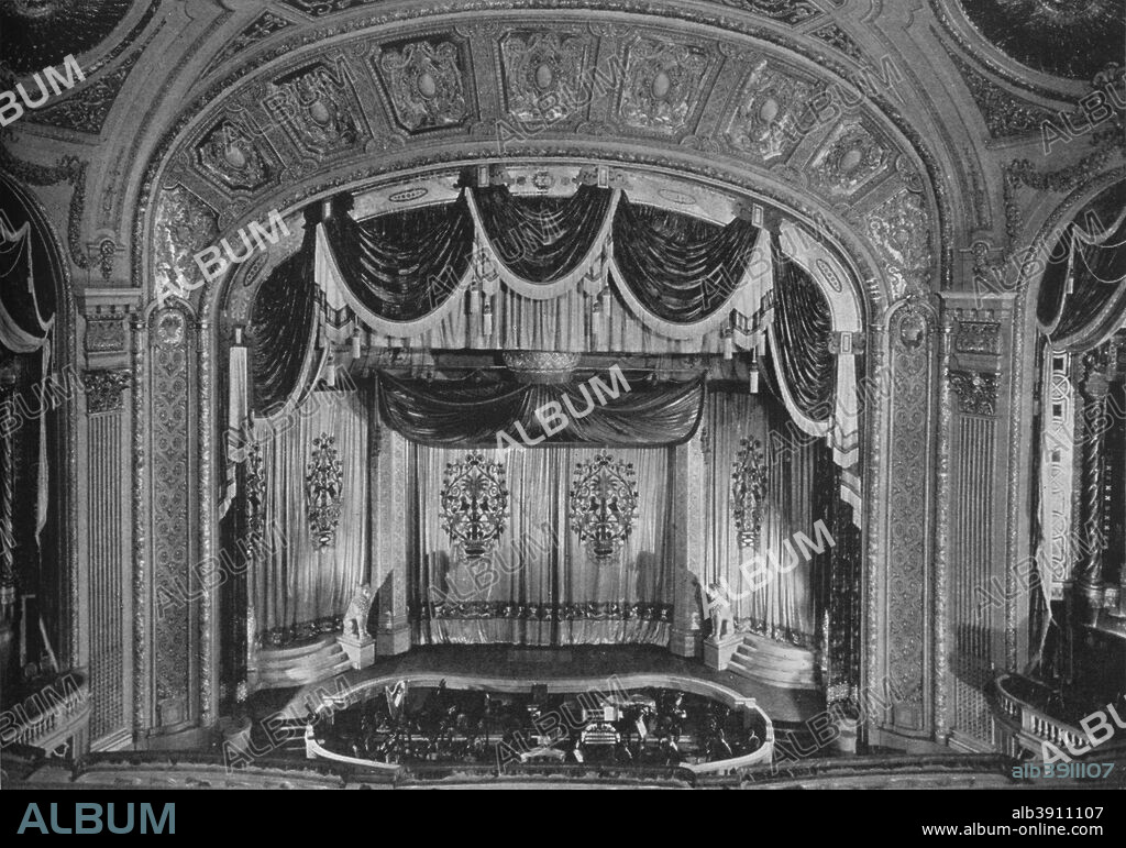 Proscenium arch, the Tivoli Theatre, Chicago, Illinois, 1925. Chicago's Tivoli Theatre was a cinema opened in 1921. It closed in 1963 and was demolished soon afterwards. From The Architectural Forum Volume XLII. [Rogers and Manson, New York, 1925].