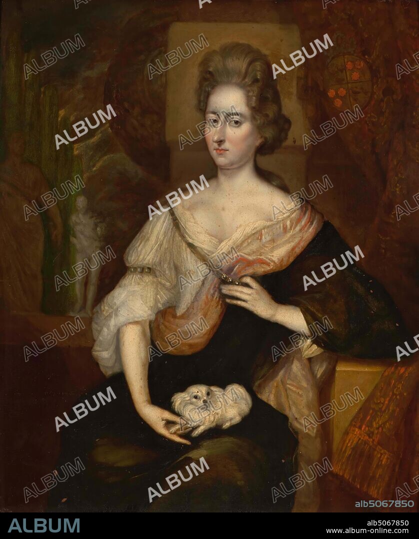 painting, Johannes van den Brande, 1691, Signature front, bottom left, next to the knees: IV BRANDT F Ao 1691, copper, oil paint, painted, Carrier: 53.5 × 44.5 × 0.05cm (535 × 445 × 0.5mm), With frame: 82.5 × 72.9 × 5.5cm (825 × 729 × 55mm), woman's portrait, dog, family crest, Portrait of a woman: Anna Maria van Winteroy. She is depicted as a knee-length, sitting slightly turned to the left and looking at the viewer. The right hand holds the forelimbs of a white dog resting on her knees and the left arm rests on a parapet, while the left hand holds the dark cloak thrown over a slightly fairly deeply cut robe. The hair is held up high. To the left of the architecture in the background is a view of a park with two statues. On the right a curtain, against which the family crest: quartered, with 1 and 4 in gold [?] Three birds, 2 and 3 in gold [?] Three red roses. Signed bottom left. The painting is in a black-painted wooden frame. On the back of the carrier is Anna Maria van Winteroy uxor C. van Schagen nata who dated 27 Septemb. Ao 1665 nupta which Sept.21st. Ao 1690 quinque liberorum mater obiit which is 31 octob. Ao 1694, 1938.