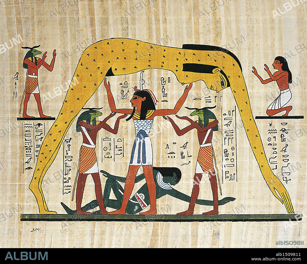 Egyptian civilization. Papyrus. Scene of creation. The sky-goddess Nut, covered with stars, is generated by Geb, god of the earth. Reconstruction of a fresco from a tomb at Thebes, Valley of the Kings.