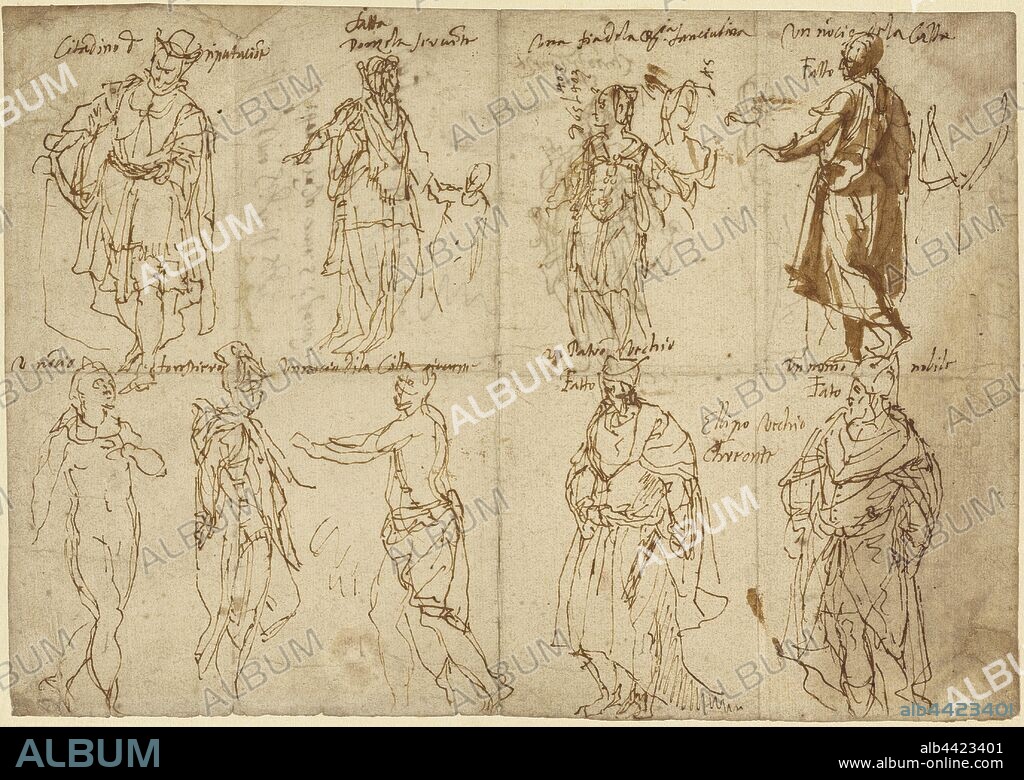 Costume Studies for Sophocles' Oedipus Tyrannus (recto), Costume Studies for Sophocles' Oedipus Tyrannus (verso), Paolo Veronese (Paolo Caliari) (Italian, 1528 - 1588), Italy, about 1584 - 1585, Pen and brown ink, with brown wash in the upper-right study only (recto), Pen and brown ink (verso), 21.3 × 30.3 cm (8 3/8 × 11 15/16 in.).