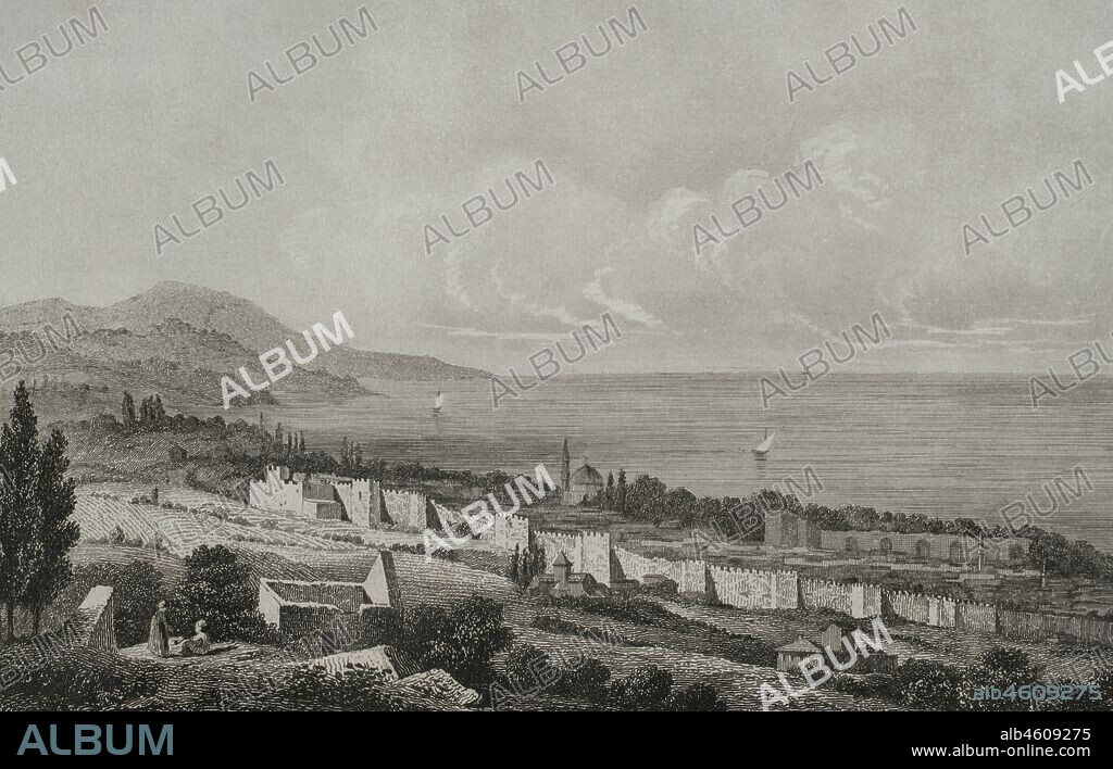 Ottoman Empire era. Turkey. Trabzon. Black Sea coastal city. View. Engraving by Lemaitre, Preaux and Charles Lalaisse. Historia de Turquia by Joseph Marie Jouannin (1783-1844) and Jules Van Gaver, 1840.