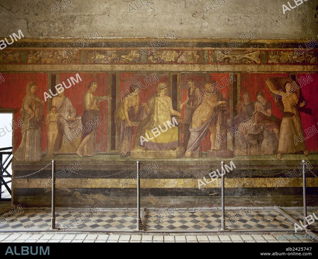 Italy, Pompeii. Villa of the Mysteries. Ancient Roman suburban Villa. Frescoes depicting a bride initiating into a Bacchian Mysteries in preparation for marriage, 1st century AD.