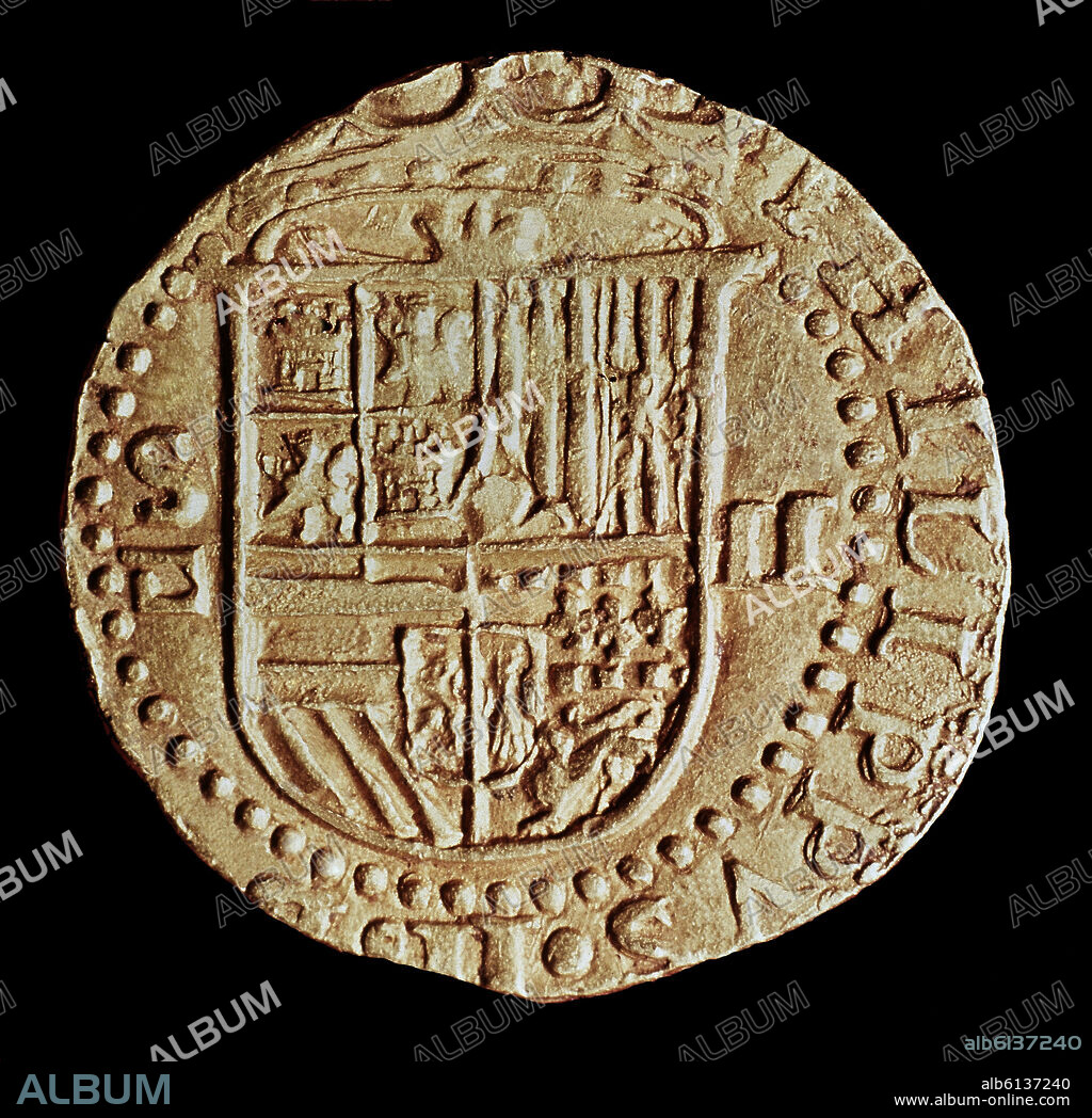 MONEDA DE 2 ESCUDOS DE ORO A NOMBRE DE FELIPE II - ANVERSO - ACUÑADA EN SEVILLA.