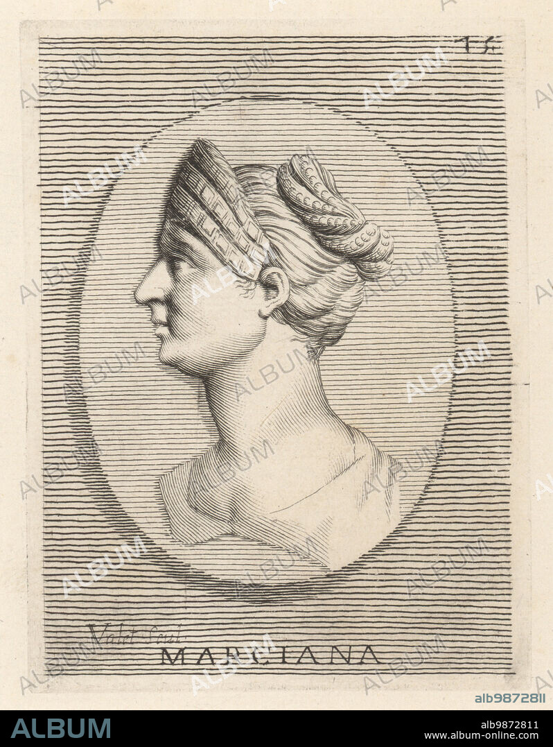 Ulpia Marciana, 48-112 AD, elder sister of Roman Emperor Trajan and grandmother of empress Vibia Sabina the wife of Hadrian. Upon her death her brother had her deified as Divae Marcianae. From a carnelian gem. Copperplate engraving by Guillaume Vallet after Giovanni Angelo Canini from Iconografia, cioe disegni d'imagini de famosissimi monarchi, regi, filososi, poeti ed oratori dell' Antichita, Drawings of images of famous monarchs, kings, philosophers, poets and orators of Antiquity, Ignatio deLazari, Rome, 1699.. Marciana.