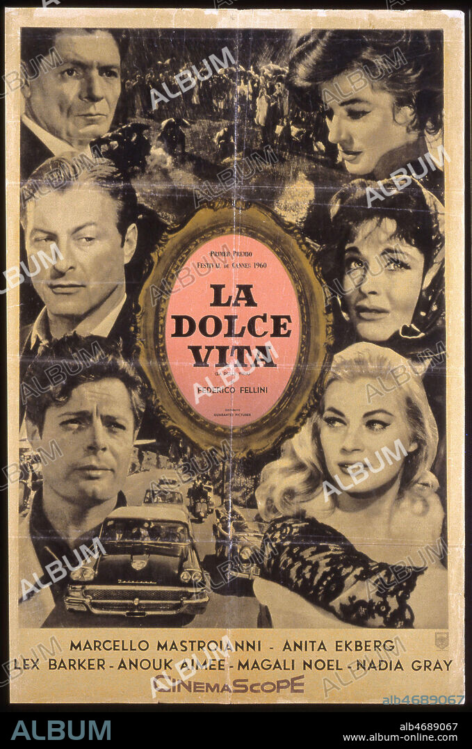 'La dolce vita (la dulce vida)' Affiche espagnole du film realise en 1960 par Federico FELLINI (1920-1993) avec Marcello RUBINI (1924-1996), Anita EKBERG (nee en 1931), Lex BARKER (1919-1973), Anouk AIMEE ( nee en 1932), Magali NOEL (nee en 1932), Nadia GREY ( 1923-1994). Credit : Coll. Perron/KHARBINE-TAPABOR.