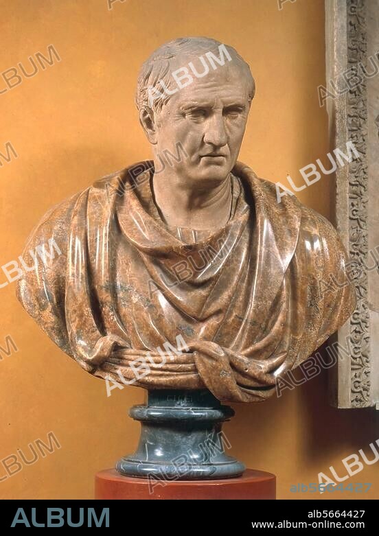 Cicero, Marcus Tullius lat. Redner, Politiker u. Schriftsteller Arpinum 3.1.106 v. Chr. (ermordet) bei Formiae 7.12.43 v. Chr. Porträtbüste mit Kopf Ciceros. Skulptur, römisch. Marmor, Höhe des Kopfes 37 cm. Inv. Nr. 352 - Man. II - 44. Florenz, Galleria degli Uffizi.