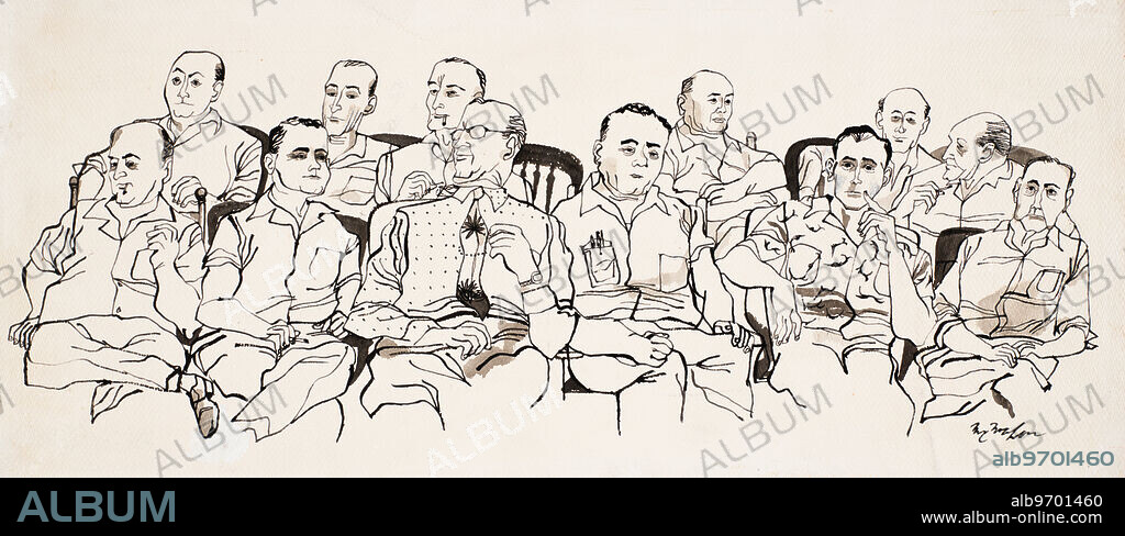 Drawing of twelve jurors at the trial regarding the murder of Emmett Till, 1955.