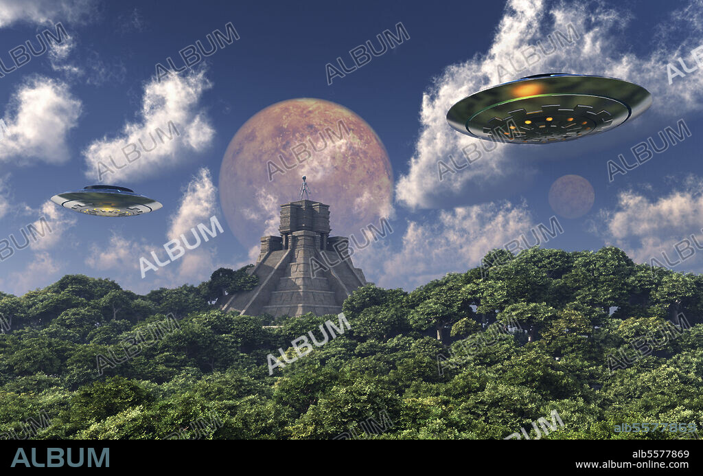 The arrival of planet Nibiru, also known as Planet X, as seen from a Mayan pyramid.