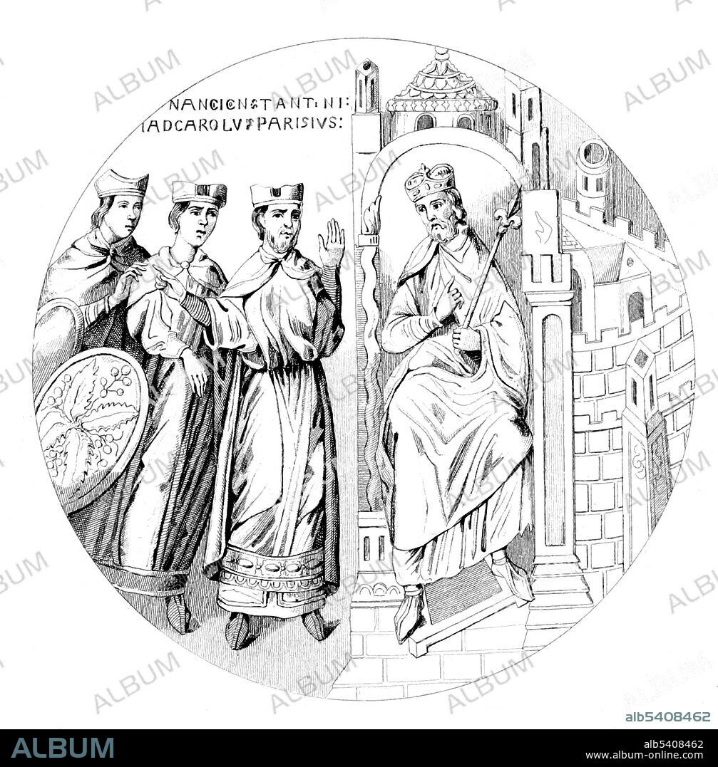 Charlemagne receiving the Ambassadors of Constantine. Charlemagne (742-814 AD) was King of the Franks (68-814) and the first Holy Roman Emperor (800-14). He conquered Italy and was crowned Imperator Augustus by Pope Leo III in Rome. His rule is also associated with the Carolingian Renaissance, a revival of art, religion, and culture through the medium of the Catholic Church. Through his foreign conquests and internal reforms, Charlemagne helped define both Western Europe and the European Middle Ages. Charlemagne had 18 children over the course of his life with 8 of his 10 known wives or concubines. Engraving by Ernest Monnin, 1838 (cropped and cleaned).