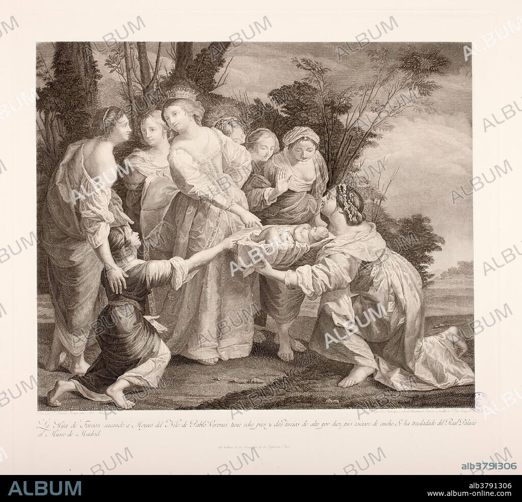 ORAZIO GENTILESCHI, ANTONIO MARTÍNEZ y BENOIT LOUIS HENRIQUEZ. Calcografía Nacional (Vendedor); Benoît Louis Henriquez (Grabador) (Atribuida la obra original, según inscripciones, a Veronés, Paolo); Antonio Martínez (Dibujante); Orazio Lomi Gentileschi (Pintor) / 'Moisés salvado de las aguas'. 1791 - 1800. Talla dulce: aguafuerte y buril sobre papel continuo, 599 x 747 mm.