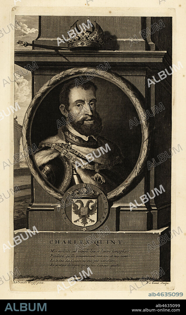 Portrait of King Charles V, Holy Roman Emperor, in armour breastplate with order of the Golden Fleece decoration, crown, sceptre and coat of arms. Charles-Quint. Copperplate engraving by Pieter Stevens van Gunst after Adriaen van der Werff from Isaac de Larreys Histoire dAngleterre, dEcosse et dIrlande, Reinier Leers, Rotterdam, 1713.