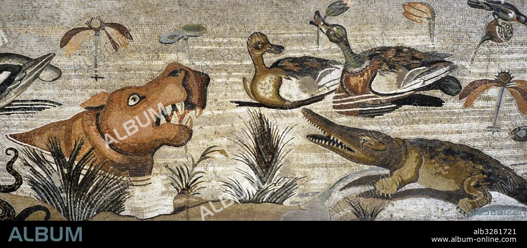 Mosaico romano. Casa del Fauno, Pompeya. Representación de un paisaje nilótico. Casa del Fauno (VI, 12, 2). Pompeya, sur de Italia. Museo Arqueológico Nacional. Nápoles. Ilia.