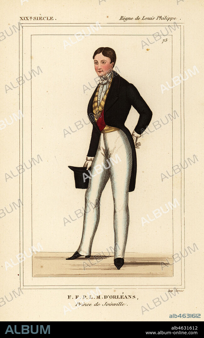 Francois of Orleans, Prince of Joinville 1818-1900. Francois-Ferdinand-Philippe-Louis-Marie d'Orleans, Prince de Joinville in town clothes. Handcoloured lithograph from Le Bibliophile Jacob aka Paul Lacroix's Costumes Historiques de la France (Historical Costumes of France), Administration de Librairie, Paris, 1852.