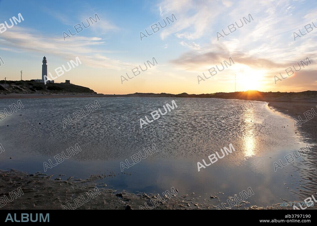 Trafalgar lighthouse and lagoon, Barbate, Cadiz province, Region of Andalusia, Spain, Europe.