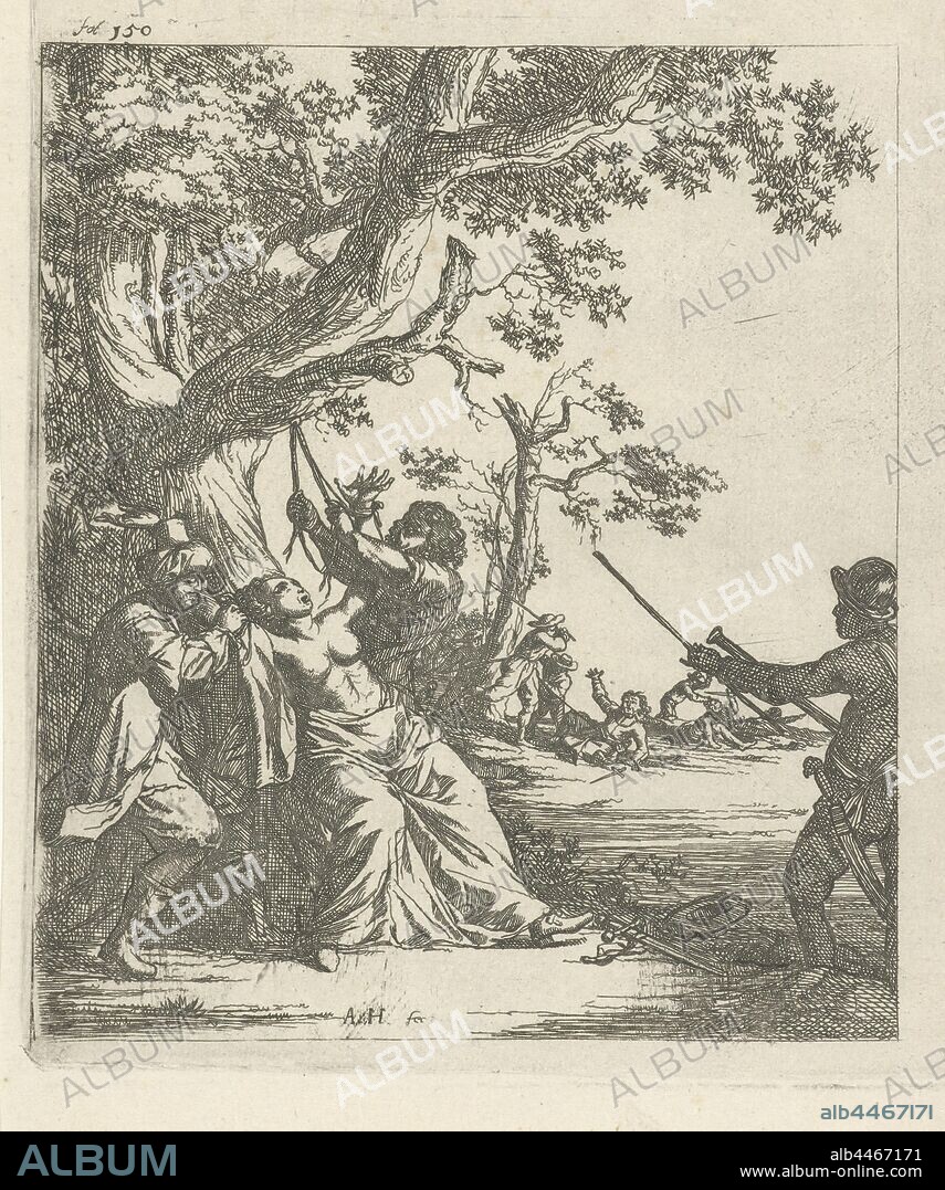 Torture of a half-naked woman, In a landscape, a half-naked woman is tortured by attaching her to a tree by her wrists. Three soldiers around her. In the background the same thing happens with other figures. Above left: fol 150. Print used in a book by Lambert van den Bos with a total of twenty prints by Arnold Houbraken, violent death, maltreatment, torture, corporal punishment in public, Arnold Houbraken (mentioned on object), 1681 - 1683 and/or 1699, paper, etching, h 193 mm × w 142 mm.