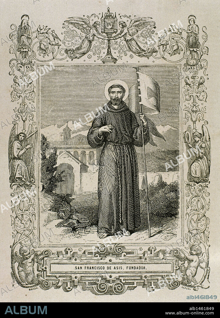 Saint Francis of Assisi (Giovanni Francesco di Bernardone (1181/1182-1226) . Catholic friar and preacher. He founded Franciscan orders of the Friars Minor, the woman’s Order of St. Clare, and the lay Third Order of Saint Francis. Eengraving.