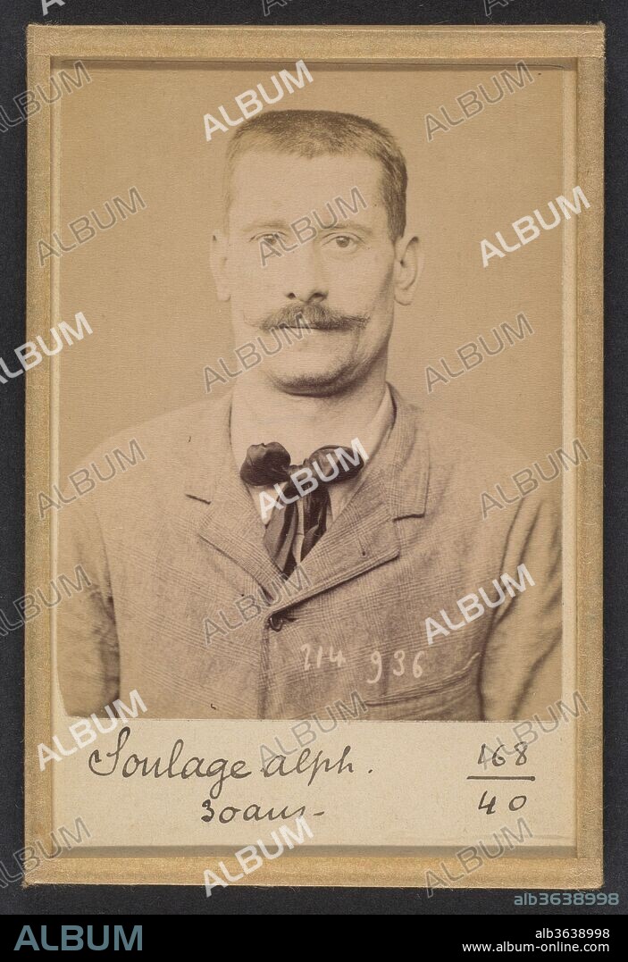 Soulage. Alphonse, Charles. 30 ans, né à Lyon. Menuisier. Anarchiste. 1/3/94. Artist: Alphonse Bertillon (French, 1853-1914). Dimensions: 10.5 x 7 x 0.5 cm (4 1/8 x 2 3/4 x 3/16 in.) each. Date: 1894.
Born into a distinguished family of scientists and statisticians, Bertillon began his career as a clerk in the Identification Bureau of the Paris Prefecture of Police in 1879. Tasked with maintaining reliable police records of offenders, he developed the first modern system of criminal identification. The system, which became known as Bertillonage, had three components: anthropometric measurement, precise verbal description of the prisoner's physical characteristics, and standardized photographs of the face. 
In the early 1890s Paris was subject to a wave of bombings and assassination attempts carried out by anarchist proponents of "propaganda of the deed." One of Bertillon's greatest successes came in March 1892, when his system of criminal identification led to the arrest of an anarchist bomber and career criminal who went by the name Ravachol (2005.100.375.348). The publicity surrounding the case earned Bertillon the Legion of Honor and encouraged police departments around the world to adopt his anthropometric system.