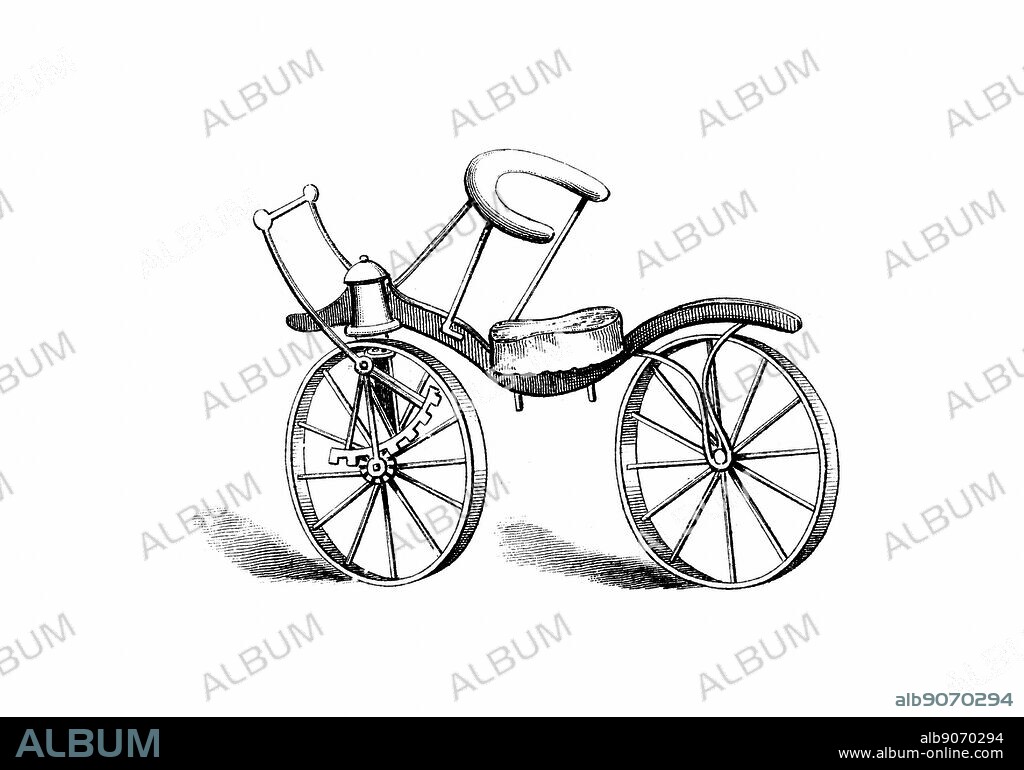 Lewis Gompertz's (1783/4-1861) improvement on Baron von Drais's bicycle, powered by a rack-and-pinion on the front wheel. Wood engraving c1880.