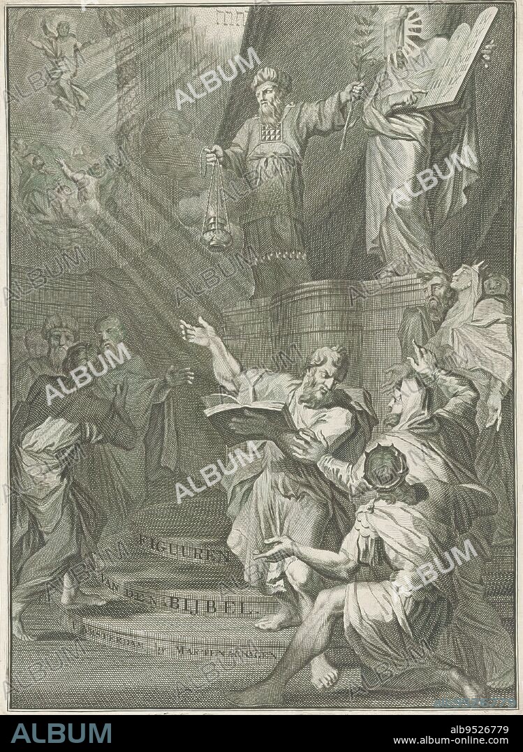 Aaron and the veiled Moses presenting the Israelites with the tablets of the law, Figures of the Bible (title on object), On a pedestal the high priest Aaron and the veiled Moses. Around them the Jewish people. Moses is showing the Israelites the tablets of the law. In the background the tetragram and a depiction of the ascension of Christ., print maker: anonymous, after print by: Gilliam van der Gouwen, publisher: Marten Schagen, (mentioned on object), Amsterdam, 1723 - 1738, paper, engraving, height 267 mm × width 193 mm.