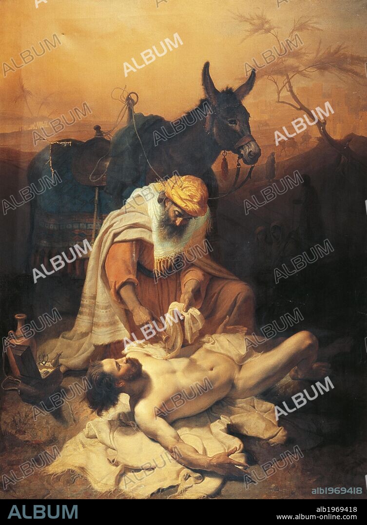 The parable of the Samaritan, 1851, by Baldassare Verazzi (1819-1886), oil on canvas, 176x236 cm.