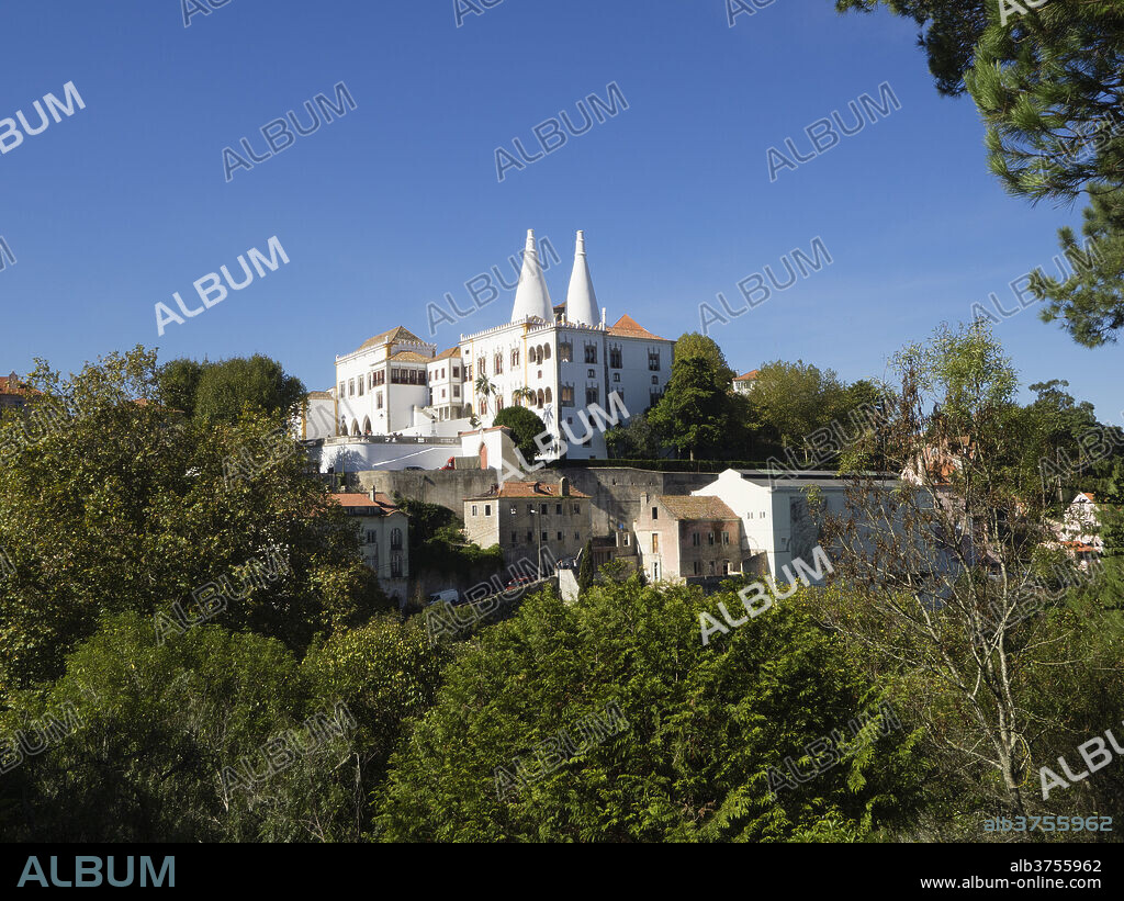 View of the National Palace with its conical towers, Sintra, near Lisbon, Portugal, Europe.