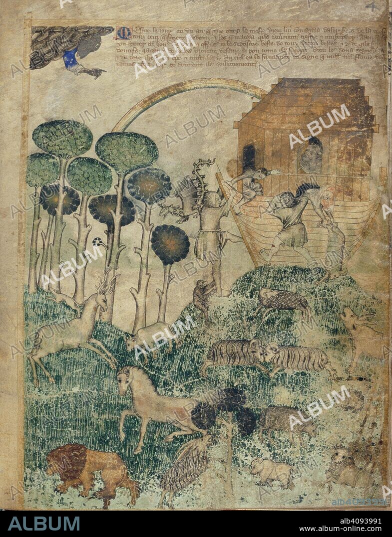 Leaving the Ark. Egerton Genesis Picture Book. England; circa 1360. [Whole folio] Noah's ark on a mound, beside a row of trees; linking them is the rainbow, with the hand of God above emerging from a cloud. In the ark, Noah is adoring God. The three sons and one of their wives are occupied about the ark. The sons climb down the sides; a dragon leaps off Shem's shoulders, and a monkey clasps his legs. The woman lets down a ram by the hind legs. In the foreground, are animals, including a lion, stag, bear, and butting rams  Image taken from Egerton Genesis Picture Book.  Originally published/produced in England; circa 1360. . Source: Egerton 1894, f.4. Language: French.