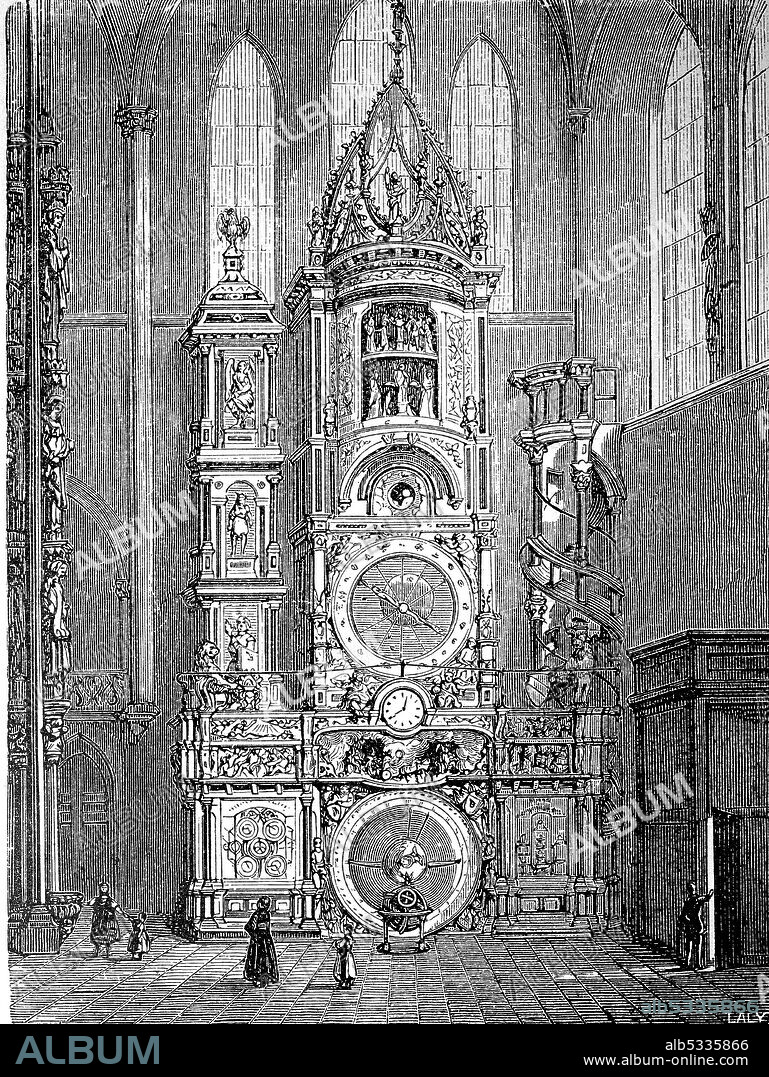 The astronomical clock in the cathedral of Strasbourg, France, in 1880  /  Die astronomische Uhr im Münster zu Straßburg, Frankreich, im Jahre 1880, Historisch, historical, digital improved reproduction of an original from the 19th century / digitale Reproduktion einer Originalvorlage aus dem 19. Jahrhundert,.