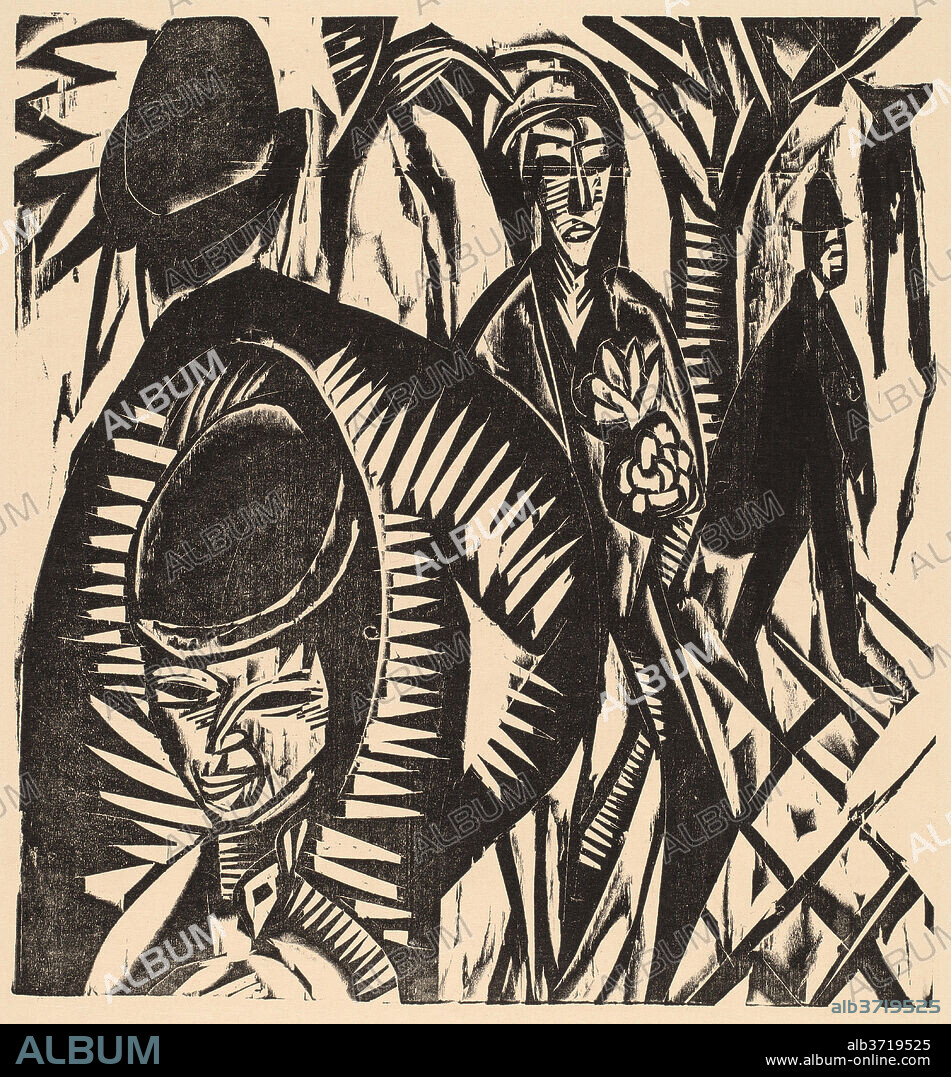 ERNST LUDWIG KIRCHNER. Street Scene After the Rain. Dated: 1914. Dimensions: image: 26.5 x 24.7 cm (10 7/16 x 9 3/4 in.)  sheet: 44.7 x 35 cm (17 5/8 x 13 3/4 in.). Medium: woodcut printed in black.