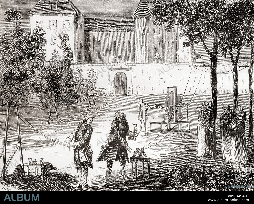 Lemonnier researching electrical speed, seen here conducting an experiment by sending a current from a Leyden jar through a wire approx 1,850 m long, he concluded that electricity propagated "instantaneously" in the wire. Louis-Guillaume Le Monnier aka Lemonnier, 1717 Ã¢â‚¬â€œ 1799. French natural scientist. From Les Merveilles de la Science, published 1870.