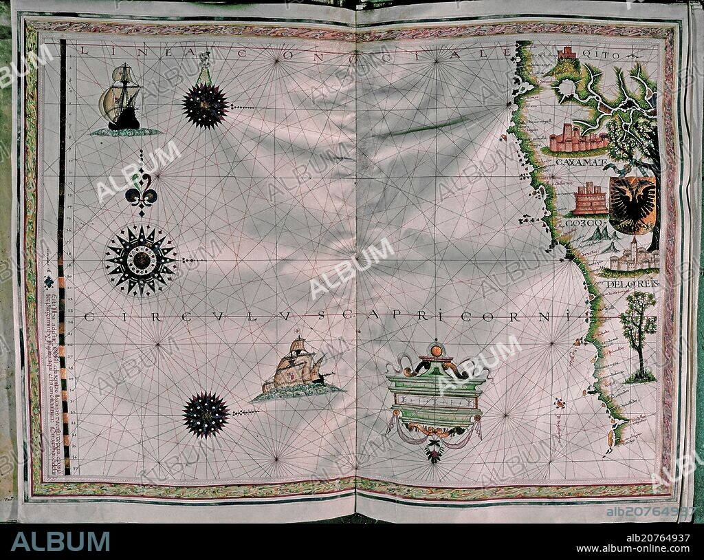 FERNAO VAZ DOURADO (1520-1580). MAPA DE LA COSTA DEL PACIFICO - AMERICA DEL SUR - ATLAS PORTULANO - 1568.