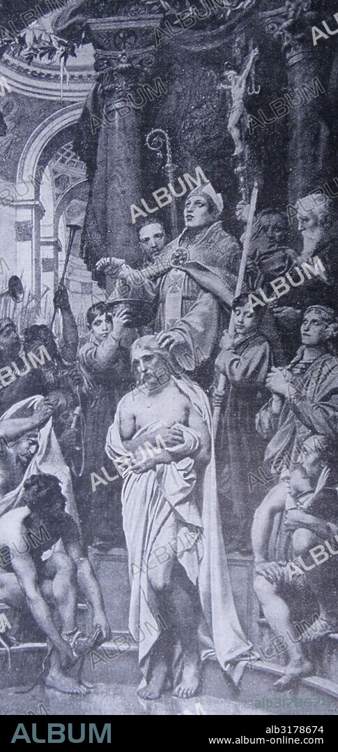 Engraving of the Baptism Clovis I (446-511) first king of the Franks to unite all of the Frankish tribes under one ruler.