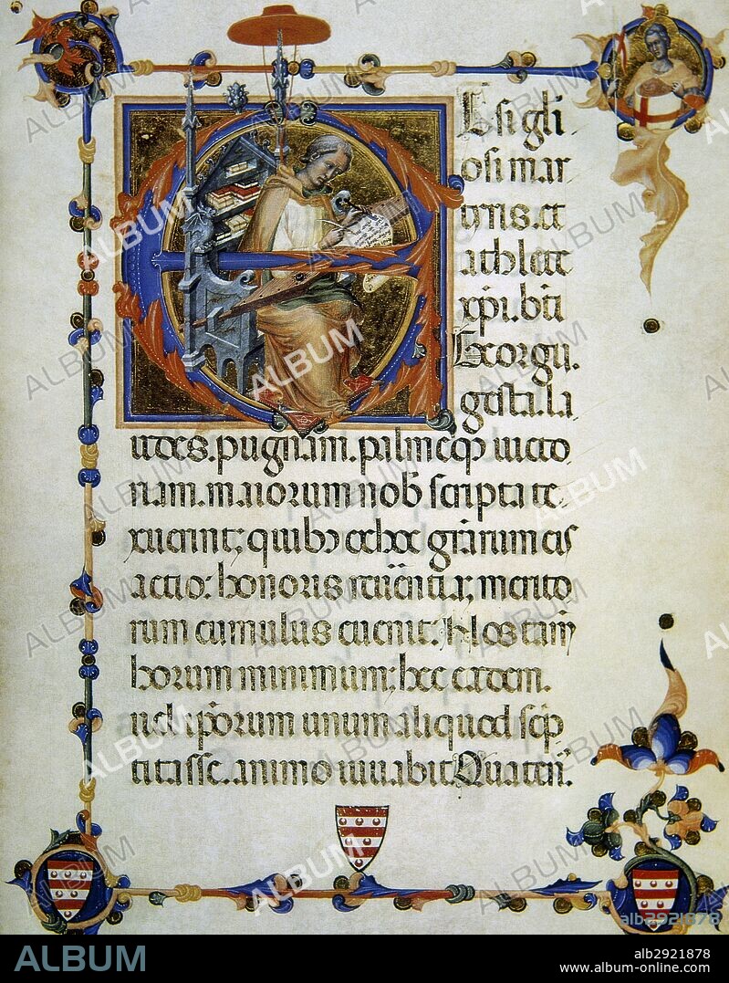 "LEYENDA Y OFICIO DE SAN JORGE". Manuscrito del siglo XIV en el que se representa al santo como COPISTA MEDIEVAL. Folio 85v. Biblioteca Apostólica Vaticana.