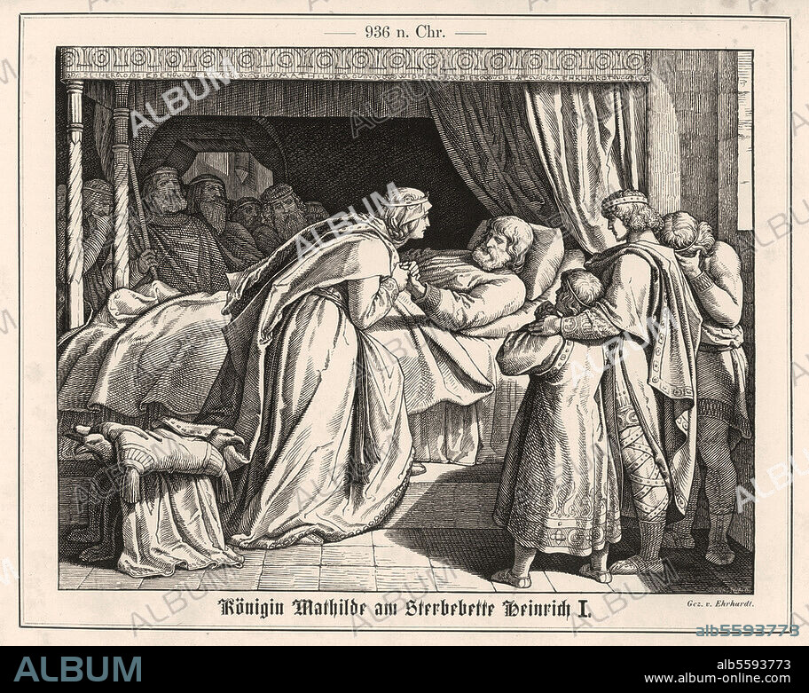 Henry I, German king, around 876 - 936. - "Queen Mathilde on the deathbed of Henry I" - Memleben, July 2nd. 936: Henry's second wife Mathildis and her sons Otto (I), Heinrich (I, Herr von Bayern), and Bruno. Holzstich, c. 1860, after the drawing by Adolph Ehrhardt (1813-99). 14.8 × 21 cm. Berlin, Sammlung Archiv für Kunst und Geschichte.