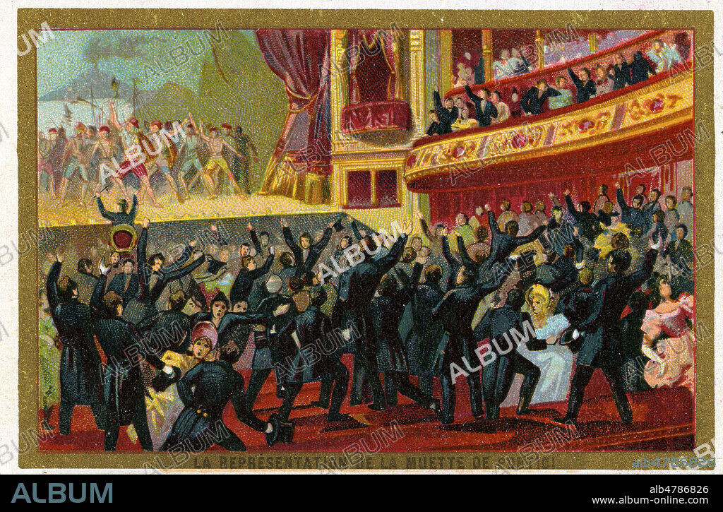 'La presentation de la Muette de Portici', opera d'Auber ici joue a Bruxelles en 1830 (25 aout 1830) pour l'anniversaire du roi Guillaume; ou il fait scandale et joue un role dans la revolution belge de 1830, exaltant les sentiments patriotiques du peuple belge, la foule sorti de l'opera en criant Aux Armes !. Chromo vers 1900, illustration anonyme. Credit : Collection IM/KHARBINE-TAPABOR.