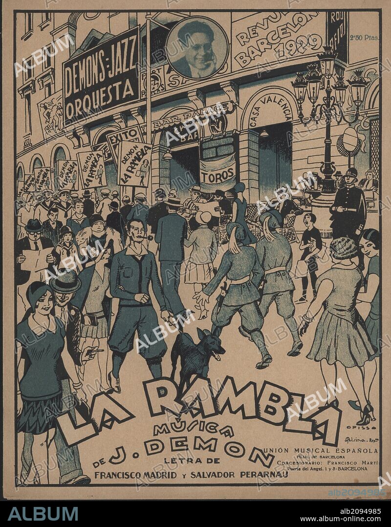 RICARD OPISSO. Partitura musical. La Rambla. One-step del maestro J. Demón. Dibujo de Opisso. Barcelona, año 1929.