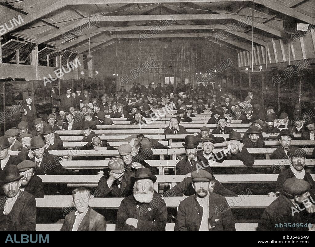 The penny sit-up, operated by the Salvation Army, one of the first homeless shelters to be created for the people of Blackfriars, London, England in the Victorian era. In exchange for a penny, clients would be allowed to sit on a bench in a reasonably warm room all night long, but were not allowed to lie down and sleep on the bench. From Living London, published c.1901.