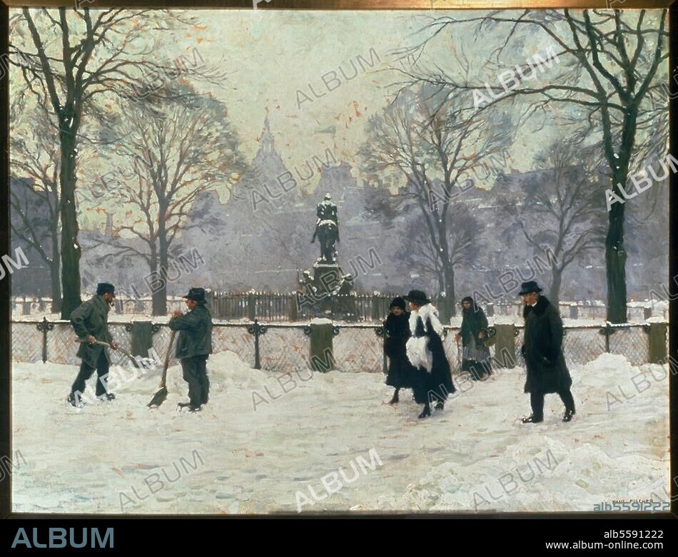 Kopenhagen (Dänemark), Kongens Nytorv. "Kongens Nytorv im Schnee". Gemälde, undat., von Paul Fischer (1860-1934). Öl auf Leinwand, 57 × 74,5 cm. Kunsthandel London, Sotheby's, 15. Juni 1994, Lot 148.
