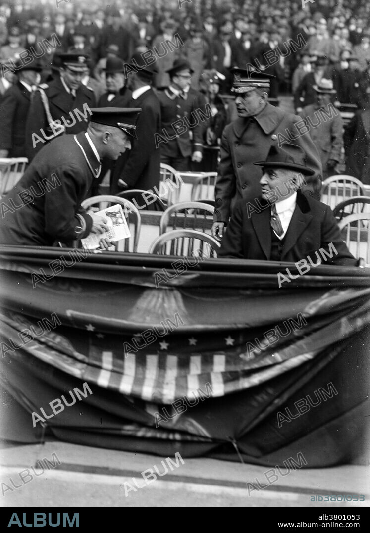 President Harding at Yankee Stadium. Warren Gamaliel Harding (November 2, 1865 - August 2, 1923) was the 29th President of the United States (1921-23). He defeated Democrat James M. Cox with the largest popular vote landslide (60% to 34%) in presidential history. He sought out the "best minds" in his cabinet, including Andrew Mellon at the Treasury, Herbert Hoover at Commerce, and Charles Evans Hughes at the State Department. He signed the first federal child welfare program, and dealt with striking mining and railroad workers in part by supporting an 8-hour work day. He created the Bureau of the Budget to prepare the first US federal budget. He advocated an anti-lynching bill to curb violence against African Americans, but it failed to pass Congress. In August 1923, Harding suddenly collapsed and died at the age of 57. In recent years there has been some recognition of his fiscal responsibility and endorsement of African-American civil rights. Harding has been viewed as a more modern politician who embraced technology and was sensitive to the plights of minorities, women, and labor.