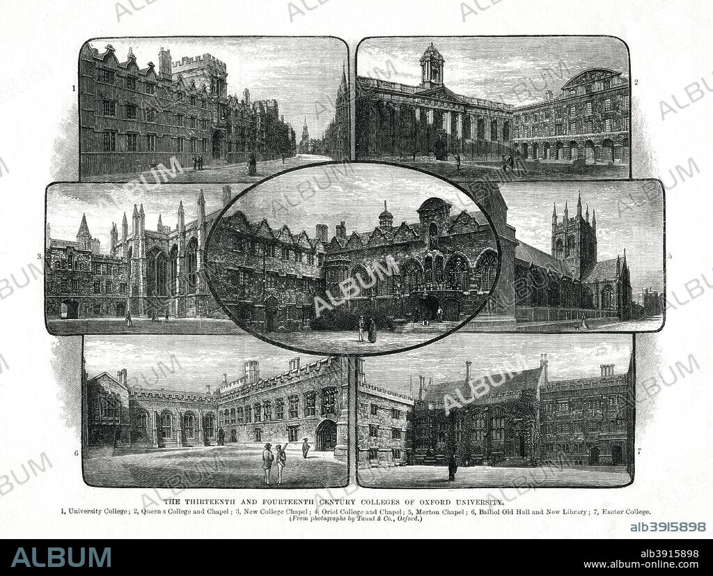 The colleges of the University of Oxford, Oxford, 1895. A series of vignettes of the colleges dating from the 13th and 14th centuries: 1. University College; 2. Queen's College; 3. New College Chapel; 4. Oriel College and Chapel; 5. Merton Chapel; 6. Balliol Old Hall and New Library; 7. Exeter College.