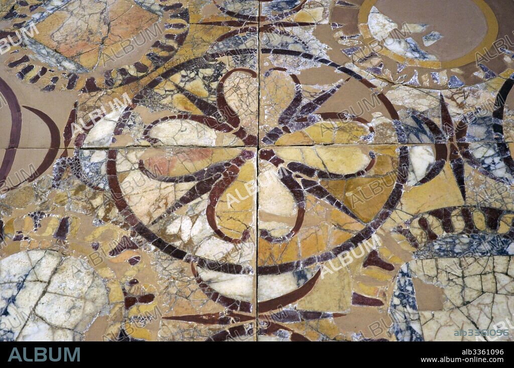 Era romana. Pavimento de Opus Sectile. Siglo I d. C. Domus del subúrbio sur-occidental de Tarraco. Detalle. Museo Nacional Arqueológico. Tarragona, Cataluña. España. Roman era. Opus sectile paviment. 1st century AD. House of the south-western suburb of Tarraco. Detail. Spain. National Archeological Museum. Tarragona. Spain.