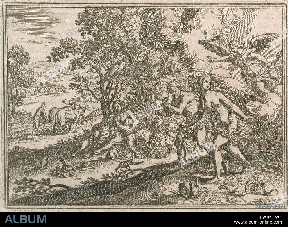 Merian, Matthäus d. Ä. 1593-1650. Die Vertreibung aus dem Paradies. (1. Mose 3,22-24). Kupferstich. Aus: Johann Ludwig Gottfried, Historische Chronica, Frankfurt a. M. (M.Merian) 1630, S. 14. Berlin, Sammlung Archiv für Kunst und Geschichte.