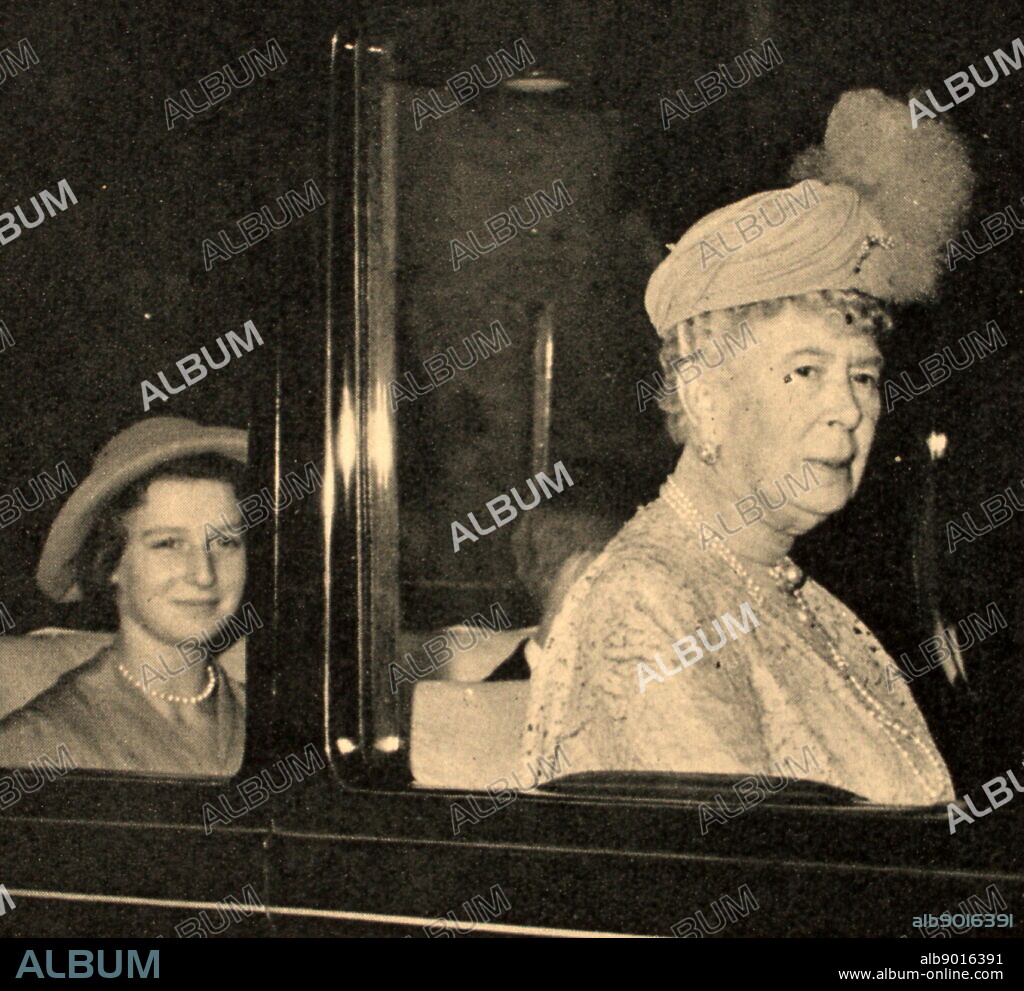 HM Queen Mary with her 12-year-old grand daughter Princess Alexandra of Kent arrive for the Earl of Harewood's wedding. Mary of Teck (Victoria Mary Augusta Louise Olga Pauline Claudine Agnes; 26 May 1867 - 24 March 1953) was Queen of the United Kingdom and the British Dominions, and Empress of India, from 6 May 1910 until 29 January 1936 as the wife of King-Emperor George V.