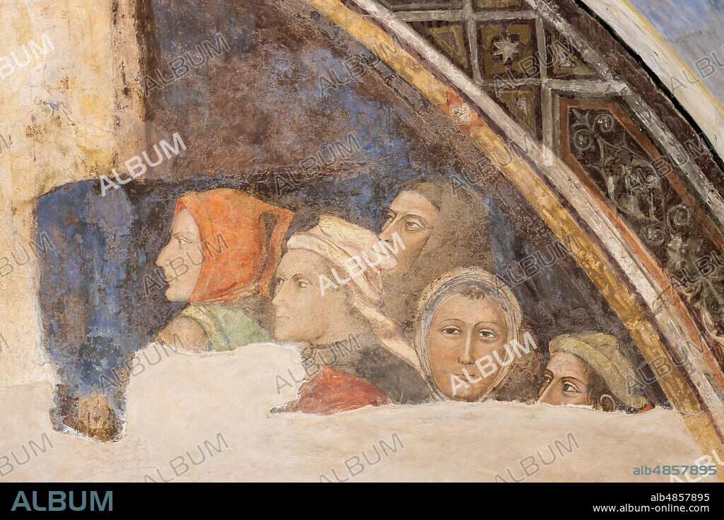 Five unidentified figures. Frescoes by Jacopo di Cione (brother of Orcagna) based on the iconographic program of Coluccio Salutati (1375-1406), preserved in the Palazzo dell'Arte dei Giudici e Notai, or del Proconsolo in Florence.