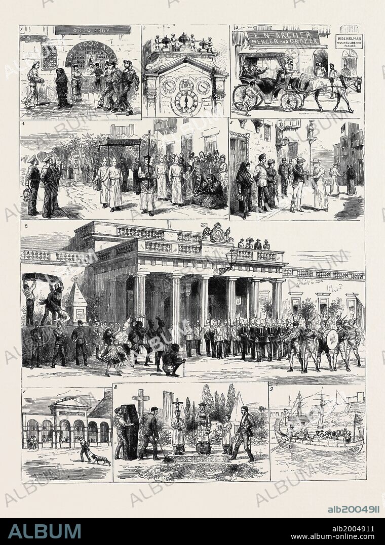 SKETCHES OF LIFE AT MALTA: 1. A Maltese Grog-Shop, The Siren and Her Prey; 2. The Grand Master's Clock at the Governor's Palace; 3. How Jack Spends His Money Ashore; 4. A Religious Procession on a Saint's Day; 5. Collecting Alms for Masses for the Repose of the Soul of a Condemned Criminal; 6. Carnival Time: Mummers Going Through the Ceremony of a Burial Without Coffin; 7. The Home for Lost Dogs; 8. Burrying Without a Coffin; 9. Dghasia, or Native Ferry Boat.