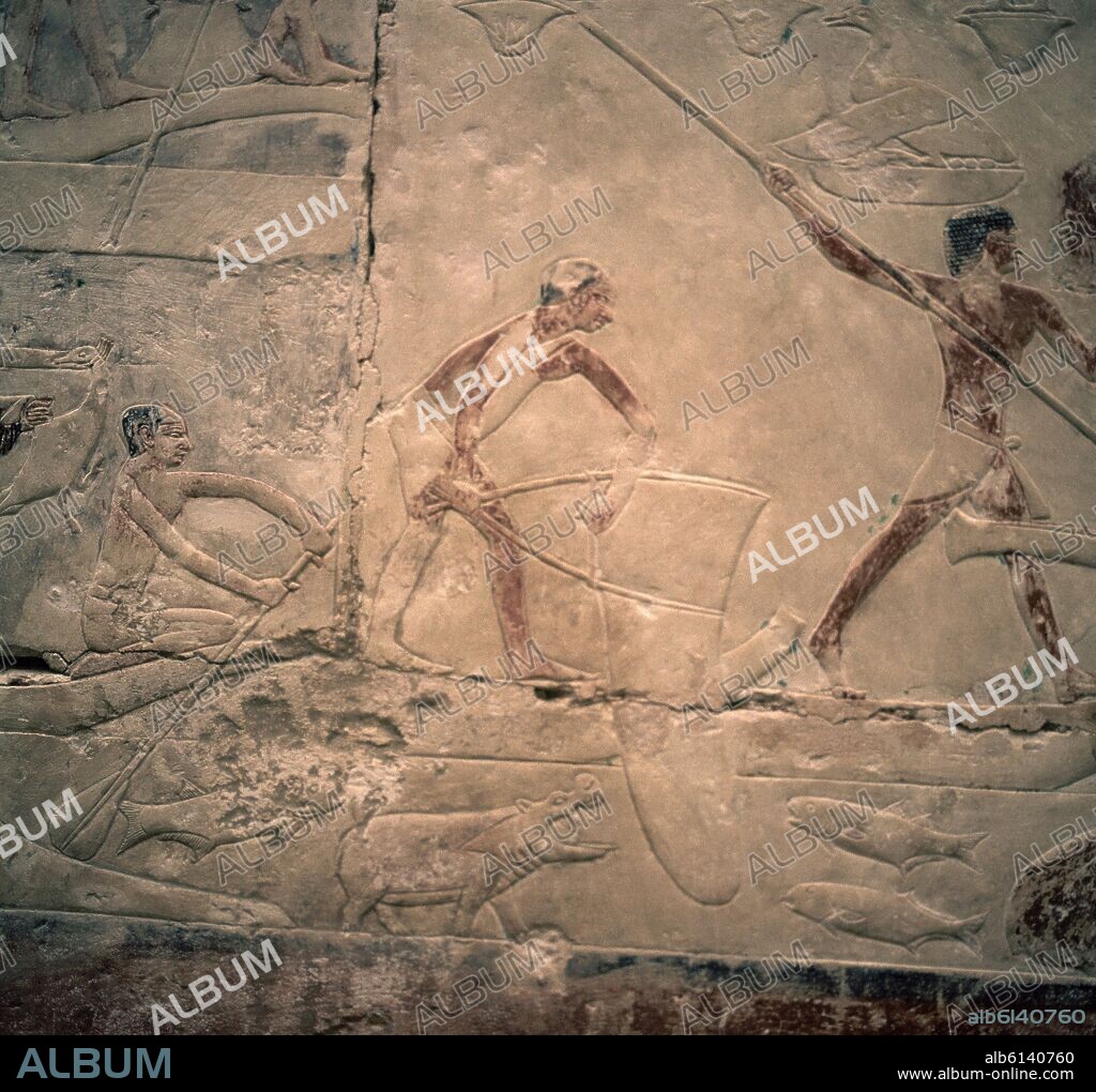 CALIZA PINTADA-PESCADORES CON ARPON Y RED-V DINASTIA-(2450 AC).