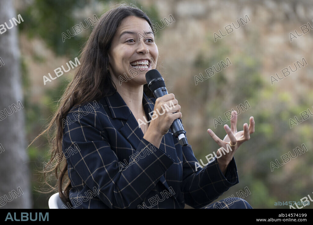 Sara Torres, writer, with philosopher Xisca Homar, La Coma, Festival of Literature and Contemporary Thought, Mallorca Literaria Foundation, Binissalem, Mallorca, spain.