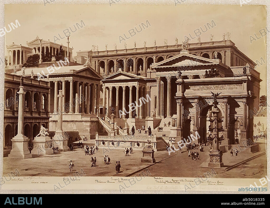 Perspective study of the Roman Forum in Rome, made by E. Becchetti, photo, paper, albumine print, 37.8 x 26.8 cm, 1893, Italy.